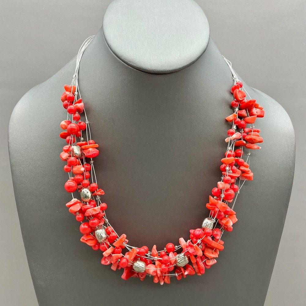 Chico's Necklace Womens Red Multi Strand Faux Coral Beaded Silver Tone Statement
